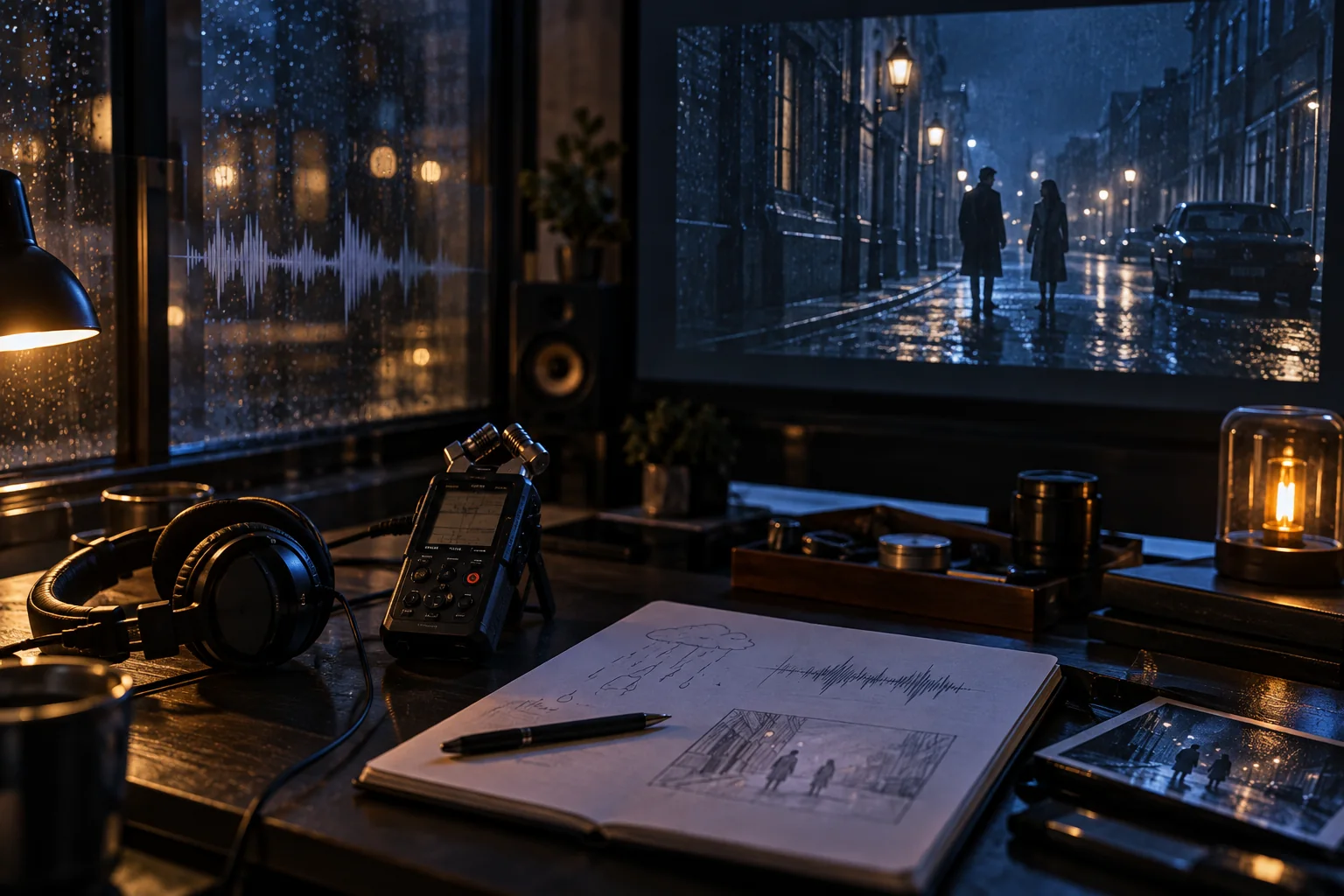 A cinematic sound design interface combining dialogue, effects, and ambient audio