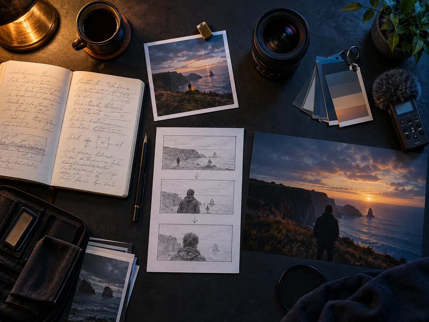 A cinematic AI video planning desk with storyboard frames and sound controls