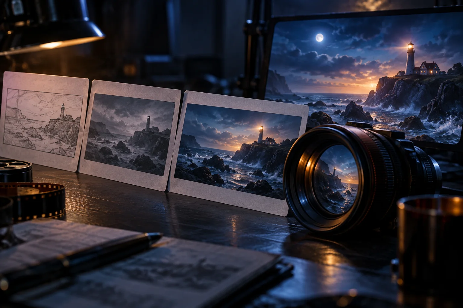 A storyboard and prompt board for planning a cinematic text-to-video shot